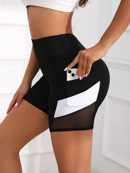 Women's High Waisted Mesh Colorblocked Yoga Shorts with Pockets Tummy Tuck Exercise Shorts