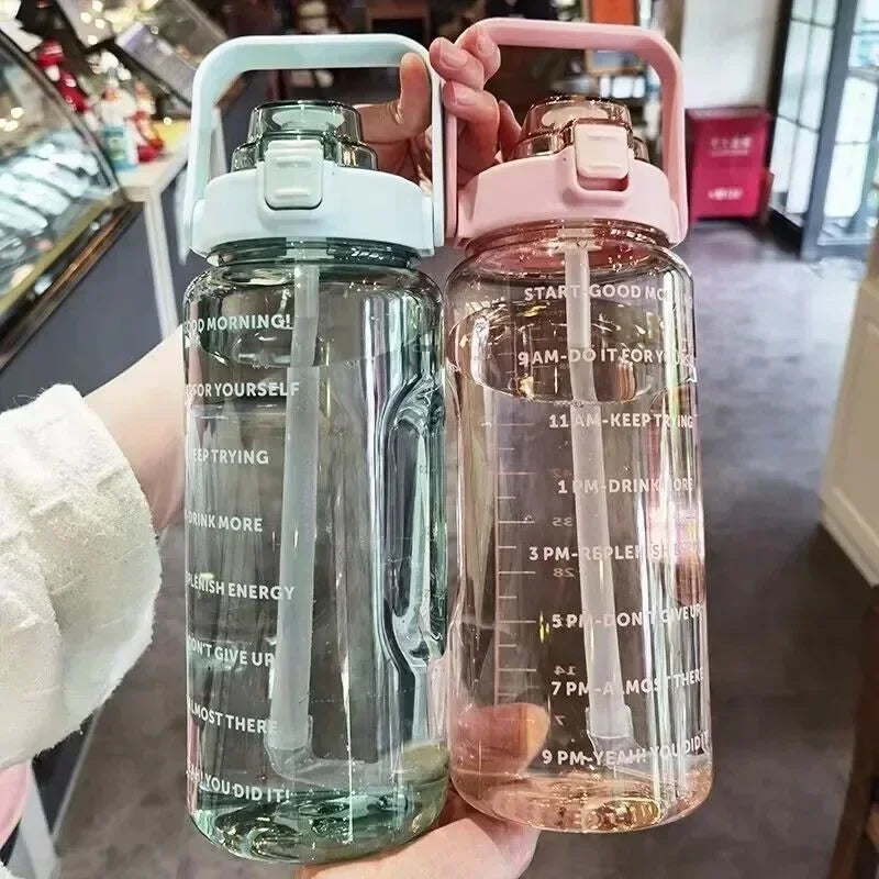 2L Portable Water Bottle with Straw & Time Marker, Large Capacity Plastic Drink Bottle for Outdoor Sports & Fitness - GabyFit Goods