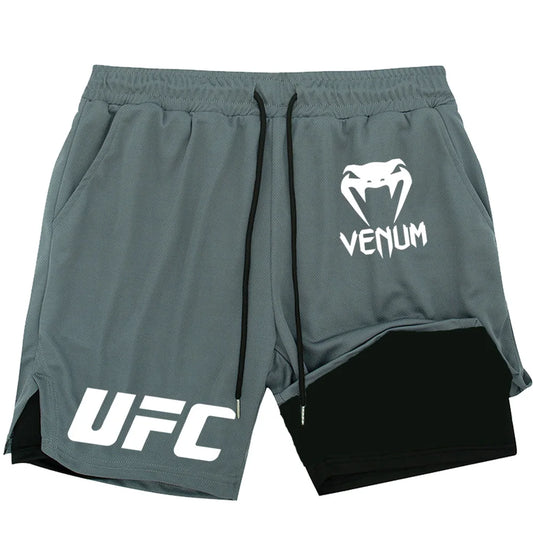 2025 Summer Men's UFC Printed Quick Drying Outdoor Running Double Layer Shorts Sports Shorts Breathable Tennis Training Shorts