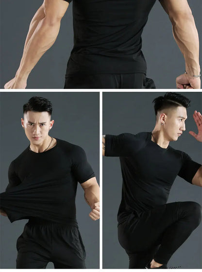 Sports T-shirt men's quick drying short sleeved sports T-shirt top gym fitness tight fitting shirt training running T-shirt men' - GabyFit Goods