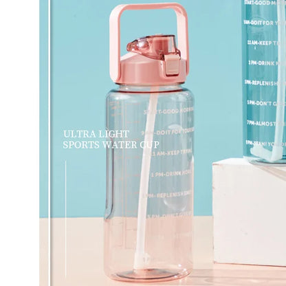 2L Portable Water Bottle with Straw & Time Marker, Large Capacity Plastic Drink Bottle for Outdoor Sports & Fitness - GabyFit Goods