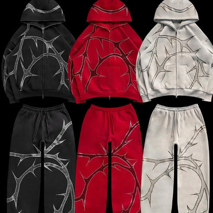 Hip Hop Rhinestone Print Hoodies Pants Suit Men Women Streetwear Fashion Y2k Zipper Hoodie Jacket Gothic Autumn Loose Sweatshirt