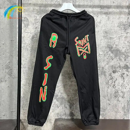 Vintage High Street Red Letter Logo Printing Saint Sweatpants Men Women Oversized Jogger Drawstring Black Apricot Pants