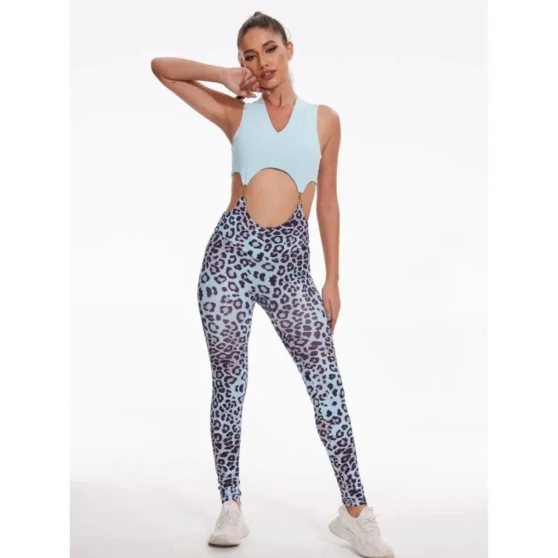 Sport Bra Scrunch Pant Leopard One Piece Jumpsuits - Women's Active Wear Suits for Gym Fitness Workout Legging.