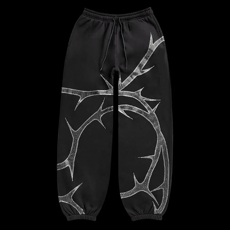Hip Hop Rhinestone Print Hoodies Pants Suit Men Women Streetwear Fashion Y2k Zipper Hoodie Jacket Gothic Autumn Loose Sweatshirt