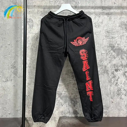 Vintage High Street Red Letter Logo Printing Saint Sweatpants Men Women Oversized Jogger Drawstring Black Apricot Pants