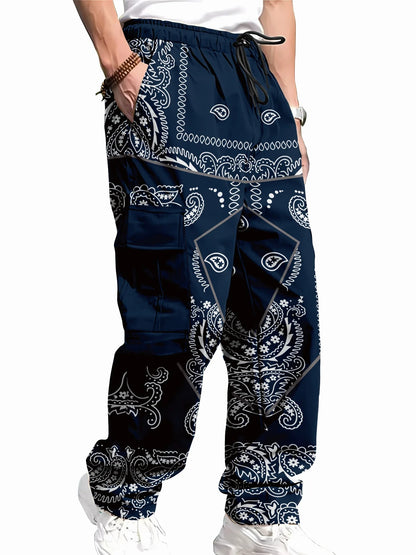 Men's Hip Hop Pocket Overalls Reflective Printed Fashion Street Wear Tracksuit Cargo Pants Bright Summer Fall Trousers