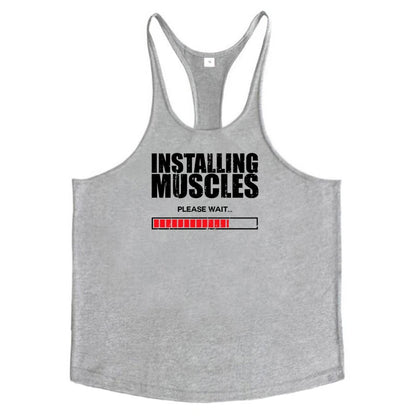 Installing Muscles Please Wait Print Gym Bodybuilding Y-back Tank Tops Mens Casual Fitness Sleeveless Cotton Breathable T-Shirt