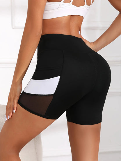 Women's High Waisted Mesh Colorblocked Yoga Shorts with Pockets Tummy Tuck Exercise Shorts