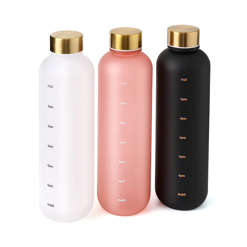 1L Bottle With Time Marker 32 OZ Motivational Reusable Fitness Sports Outdoors Travel Leakproof BPA Free Frosted Plastic - GabyFit Goods