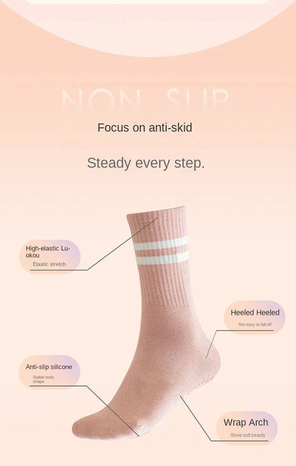 3-Pair Female Pilates Indoor Anti Slip Silicone Floor Socks Breathable Double Bar Middle Socks Fitness Dance Exercise Yoga Socks - GabyFit Goods