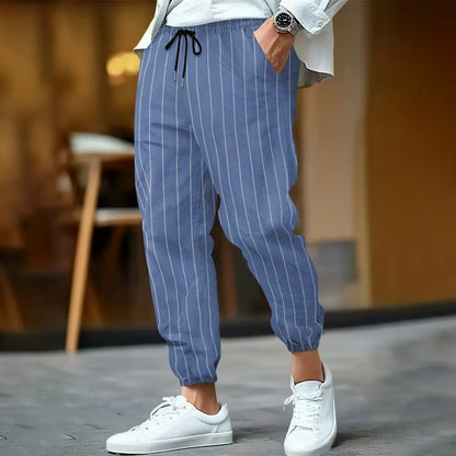 Spring and summer men's fashionable cotton and linen striped casual tapered pants, commuter sports breathable street pants