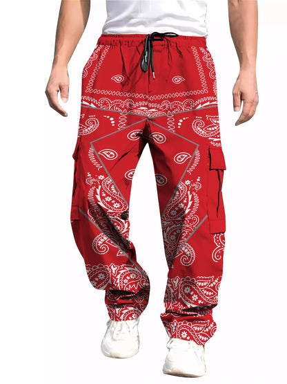 Men's Hip Hop Pocket Overalls Reflective Printed Fashion Street Wear Tracksuit Cargo Pants Bright Summer Fall Trousers