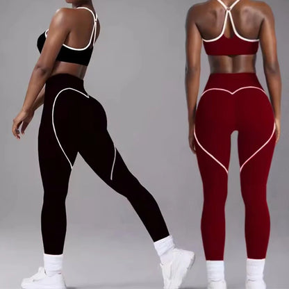 SVEIC Yoga Bra Set Contrasting Color Fitness Sports Suits High Waisted Leggings Sportswear Workout Running Training Gym Clothing
