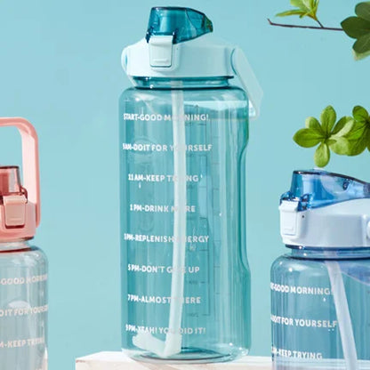 2L Portable Water Bottle with Straw & Time Marker, Large Capacity Plastic Drink Bottle for Outdoor Sports & Fitness - GabyFit Goods