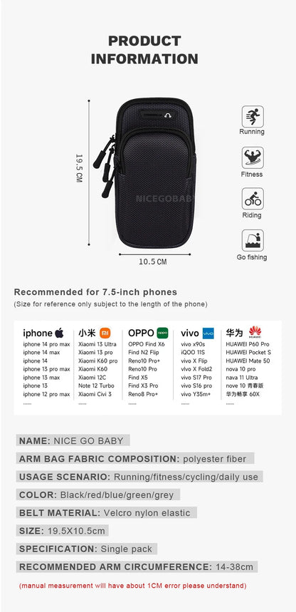 Arm Bag Waterproof sports phone case Money Key Outside Sports Running Fitness Simple Arm Bag with nicegobaby Wrist Bag - GabyFit Goods