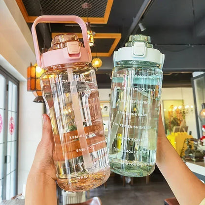 2L Portable Water Bottle with Straw & Time Marker, Large Capacity Plastic Drink Bottle for Outdoor Sports & Fitness - GabyFit Goods