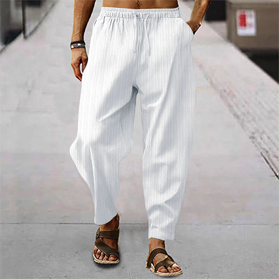 Hip hop male breathable blend cotton stripe loose casual sports calf summer new style trousers