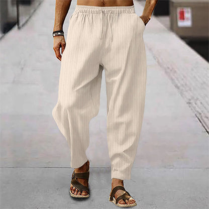 Hip hop male breathable blend cotton stripe loose casual sports calf summer new style trousers
