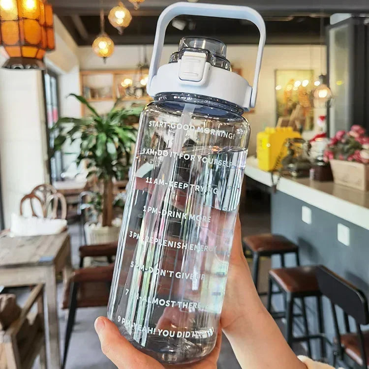 2L Portable Water Bottle with Straw & Time Marker, Large Capacity Plastic Drink Bottle for Outdoor Sports & Fitness - GabyFit Goods