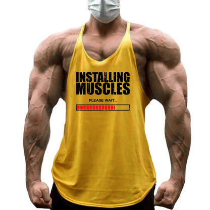 Installing Muscles Please Wait Print Gym Bodybuilding Y-back Tank Tops Mens Casual Fitness Sleeveless Cotton Breathable T-Shirt