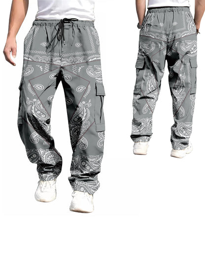 Men's Hip Hop Pocket Overalls Reflective Printed Fashion Street Wear Tracksuit Cargo Pants Bright Summer Fall Trousers