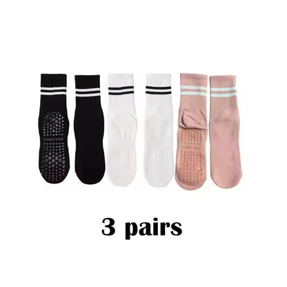 3-Pair Female Pilates Indoor Anti Slip Silicone Floor Socks Breathable Double Bar Middle Socks Fitness Dance Exercise Yoga Socks - GabyFit Goods