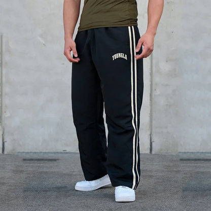 Men's Sweatpants Autumn Winter New Gym Sports Fitness Printed Ribbon Woven Mid Waist Straight Leg Pants Fashionable Casual Pants