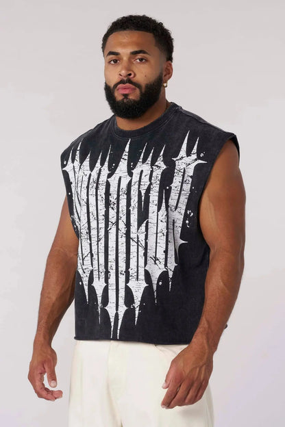 New men's fitness vest, men's casual running training sleeveless T-shirt, trendy printed clothing vest, men's heavyweight cotton