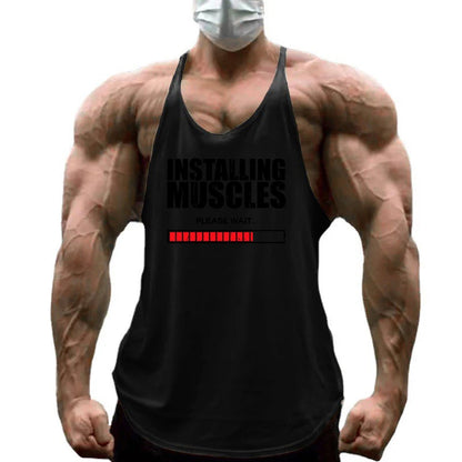Installing Muscles Please Wait Print Gym Bodybuilding Y-back Tank Tops Mens Casual Fitness Sleeveless Cotton Breathable T-Shirt
