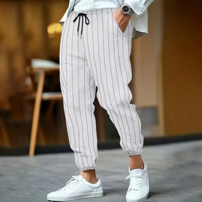 Spring and summer men's fashionable cotton and linen striped casual tapered pants, commuter sports breathable street pants