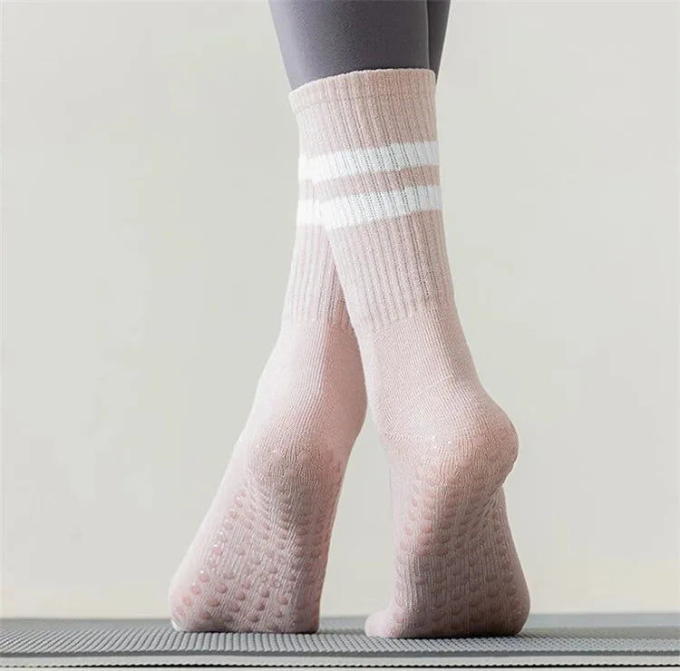 3-Pair Female Pilates Indoor Anti Slip Silicone Floor Socks Breathable Double Bar Middle Socks Fitness Dance Exercise Yoga Socks - GabyFit Goods