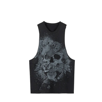 New men's fitness vest, men's casual running training sleeveless T-shirt, trendy printed clothing vest, men's heavyweight cotton