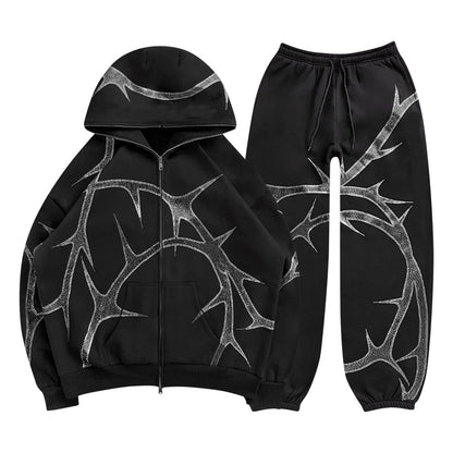 Hip Hop Rhinestone Print Hoodies Pants Suit Men Women Streetwear Fashion Y2k Zipper Hoodie Jacket Gothic Autumn Loose Sweatshirt