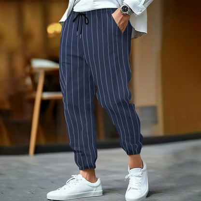 Spring and summer men's fashionable cotton and linen striped casual tapered pants, commuter sports breathable street pants