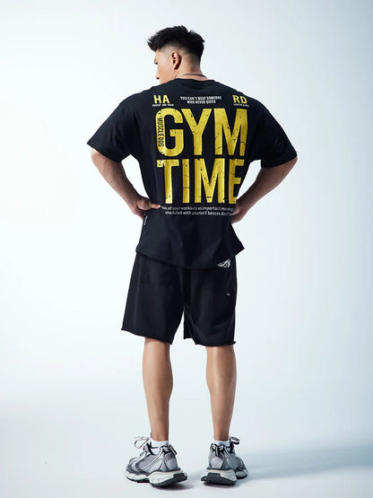 2025 new muscle dog fitness men fashion brand summer American print loose training clothing sports casual short sleeve