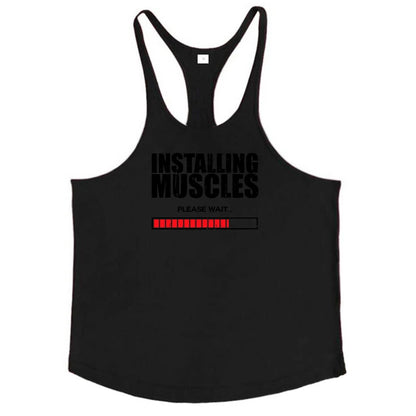 Installing Muscles Please Wait Print Gym Bodybuilding Y-back Tank Tops Mens Casual Fitness Sleeveless Cotton Breathable T-Shirt