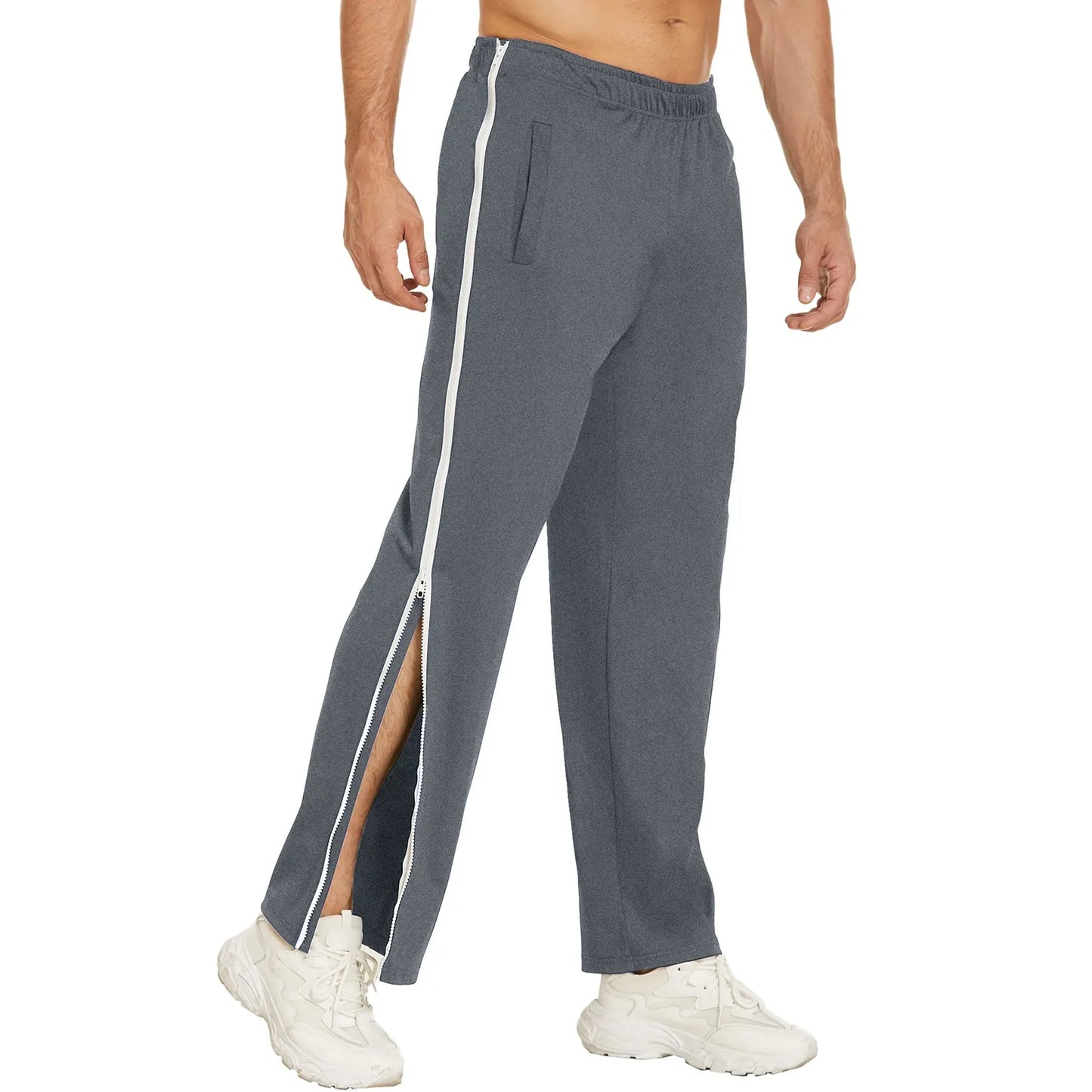 Men's Casual Sports Basketball Pants 2 Button Side Zipper Fully Cut Postoperative Belt Pocket Taupe Pants Boy