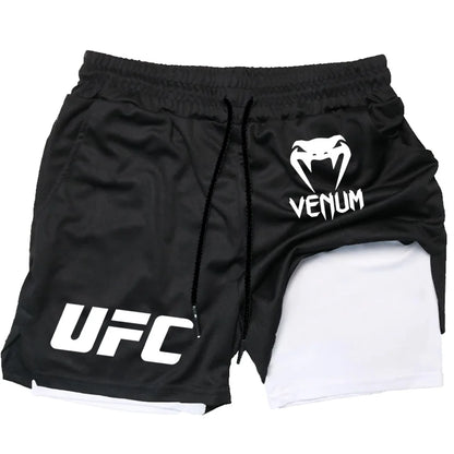 2025 Summer Men's UFC Printed Quick Drying Outdoor Running Double Layer Shorts Sports Shorts Breathable Tennis Training Shorts