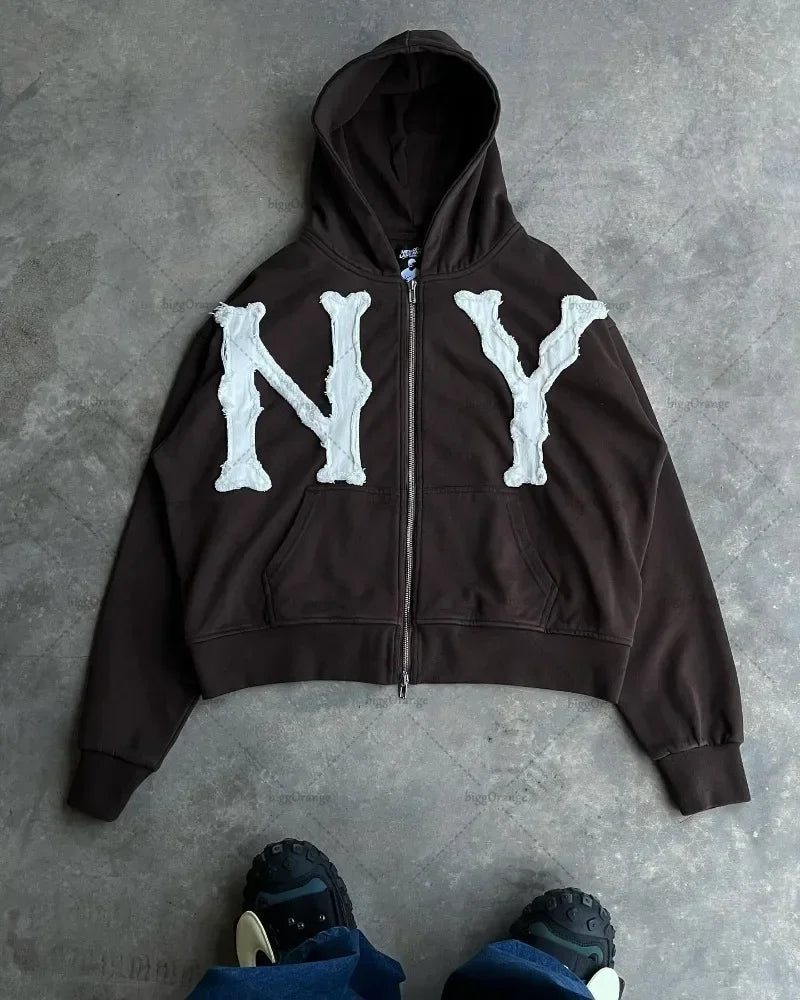 Hip-hop Trendy Clothing American Street Colorful Embroidered Zipper Hoodie Men Y2K Harajuku Retro All-match Oversized Jacket
