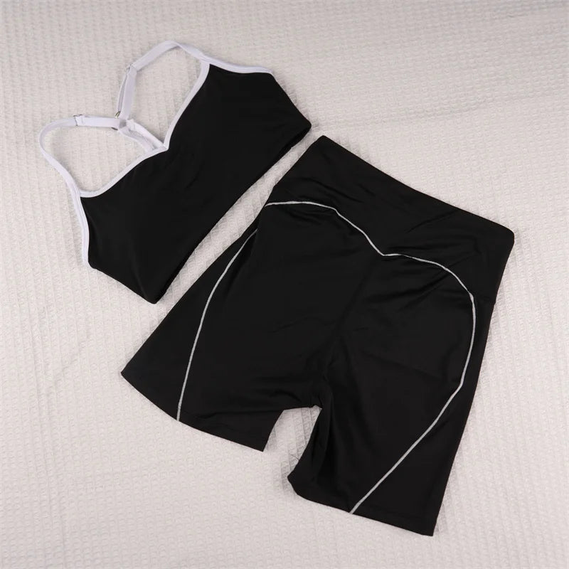 SVEIC Yoga Bra Set Contrasting Color Fitness Sports Suits High Waisted Leggings Sportswear Workout Running Training Gym Clothing