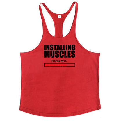 Installing Muscles Please Wait Print Gym Bodybuilding Y-back Tank Tops Mens Casual Fitness Sleeveless Cotton Breathable T-Shirt