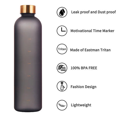 1L Bottle With Time Marker 32 OZ Motivational Reusable Fitness Sports Outdoors Travel Leakproof BPA Free Frosted Plastic - GabyFit Goods