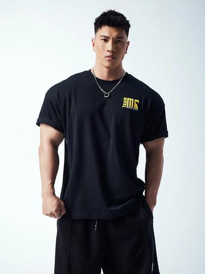 2025 new muscle dog fitness men fashion brand summer American print loose training clothing sports casual short sleeve