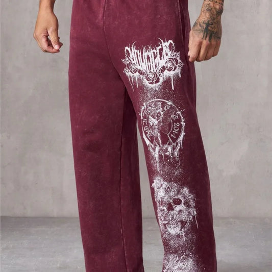 2025 YOUNGLA American streetwear brand men's sports pants, gym sports and fitness loose straight print casual trousers