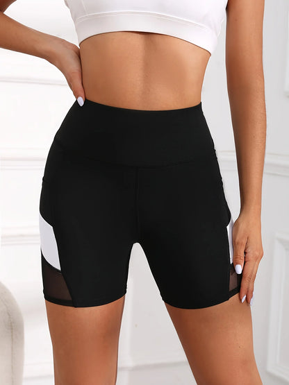 Women's High Waisted Mesh Colorblocked Yoga Shorts with Pockets Tummy Tuck Exercise Shorts