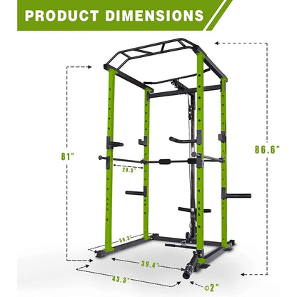 Green Multi-functional Power Cage, Home Adjustable Pullup Squat Rack 1000Lbs Capacity Comprehensive Fitness Barbell Rack