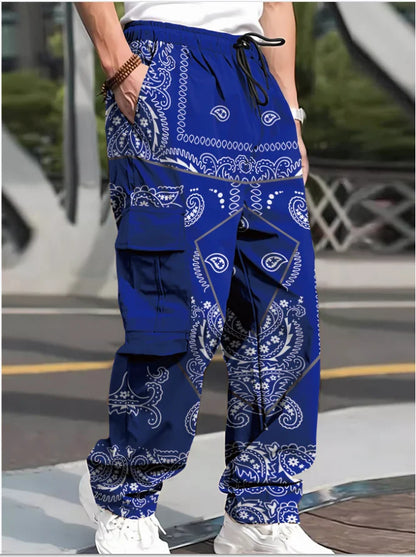 Men's Hip Hop Pocket Overalls Reflective Printed Fashion Street Wear Tracksuit Cargo Pants Bright Summer Fall Trousers