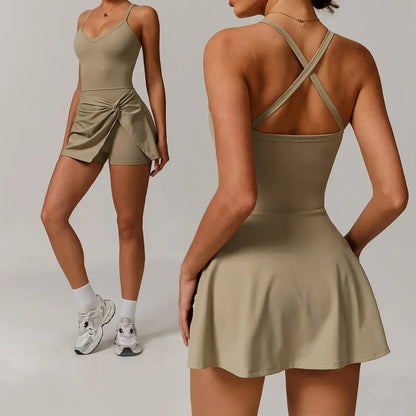 New One Piece Skirt Women Summer Safe Yoga Tennis Skirts Gym Golf Running Sports Fitness With Chest Pads Anti Glare Dance Skirt