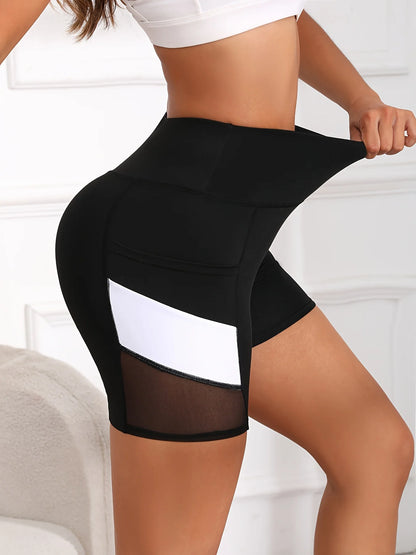 Women's High Waisted Mesh Colorblocked Yoga Shorts with Pockets Tummy Tuck Exercise Shorts